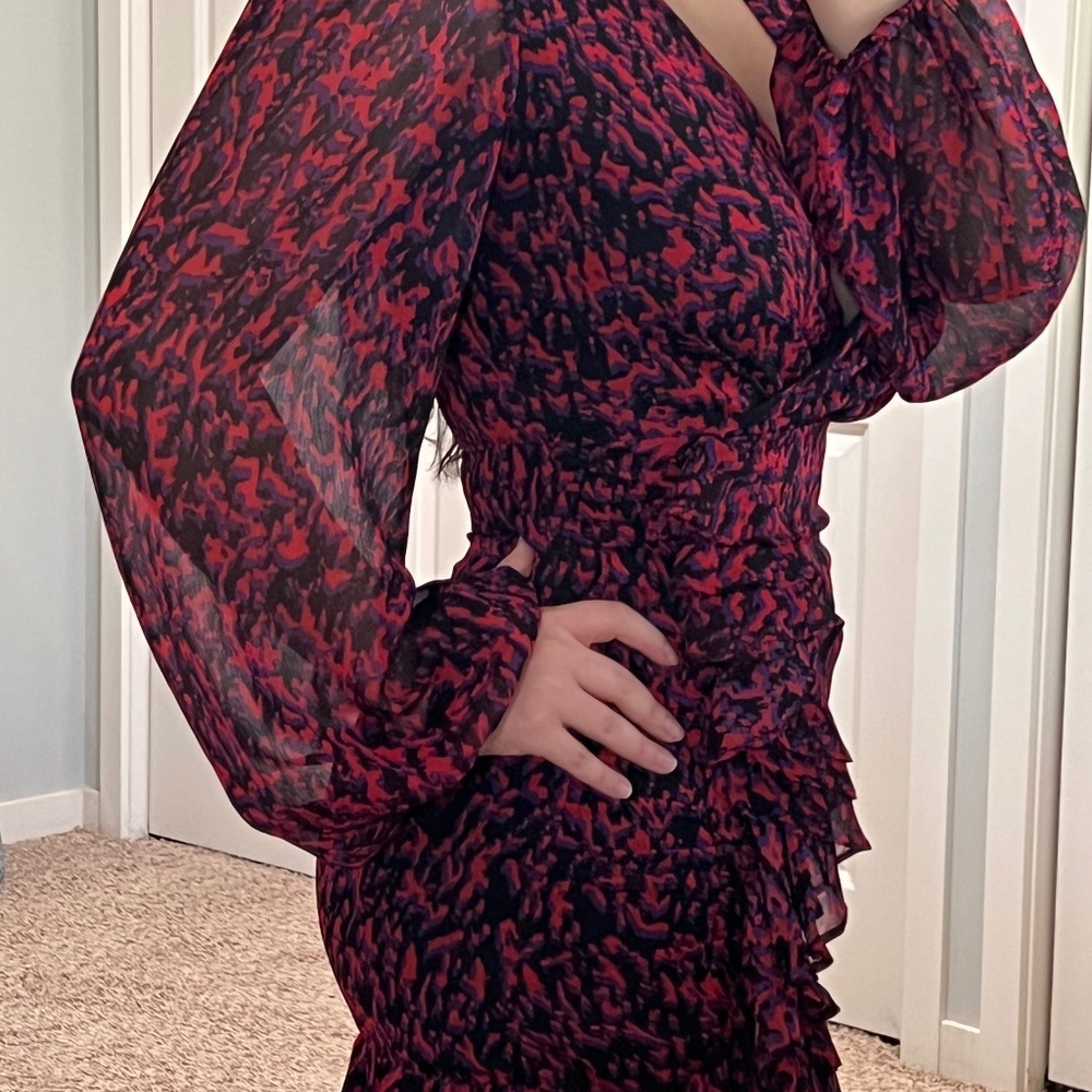 Express ABSTRACT PRINT FAUX WRAP RUFFLE MINI DRESS